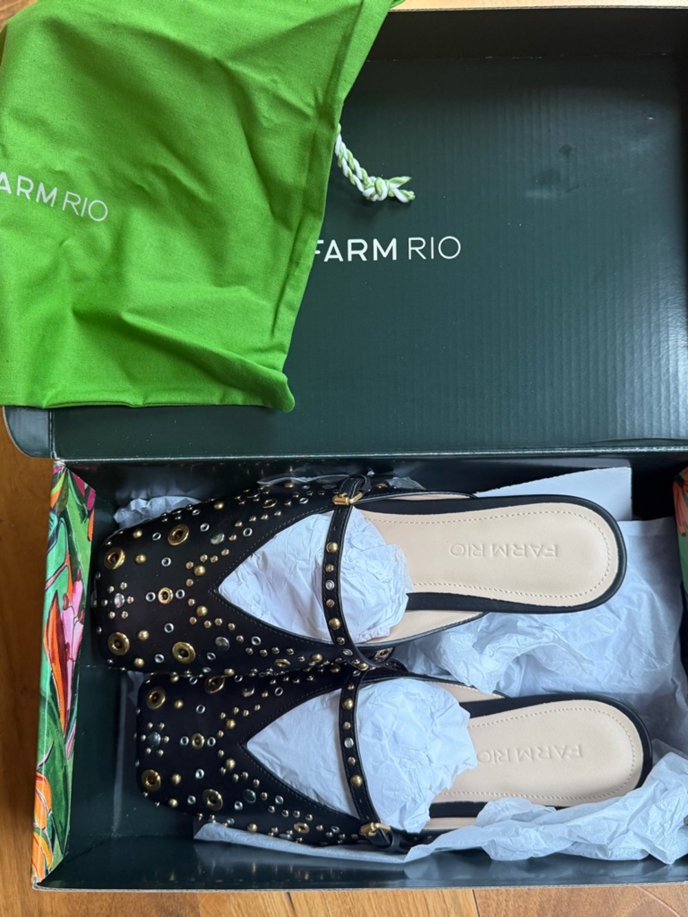 FARM Rio Black Studded Square Toe Ballerina